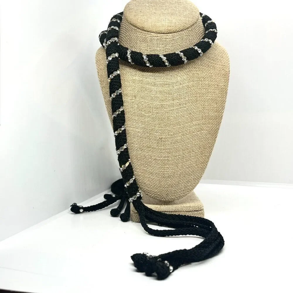 VINTAGE RHINESTONE ROPE Belt Black Tassel Boho Disco Statement